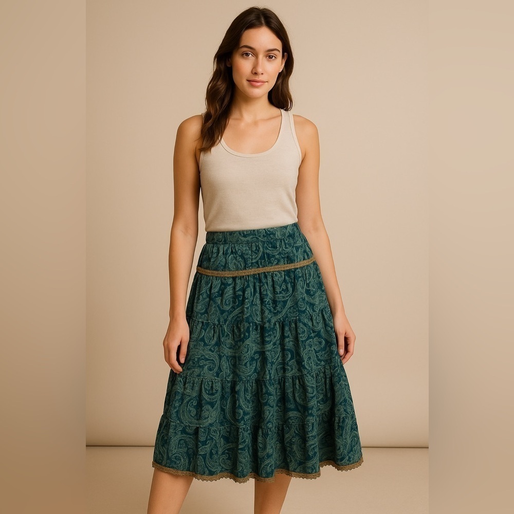 Xhilaration Paisley Corduroy Tiered Midi Skirt Women’s L – Boho Hippie Y2K